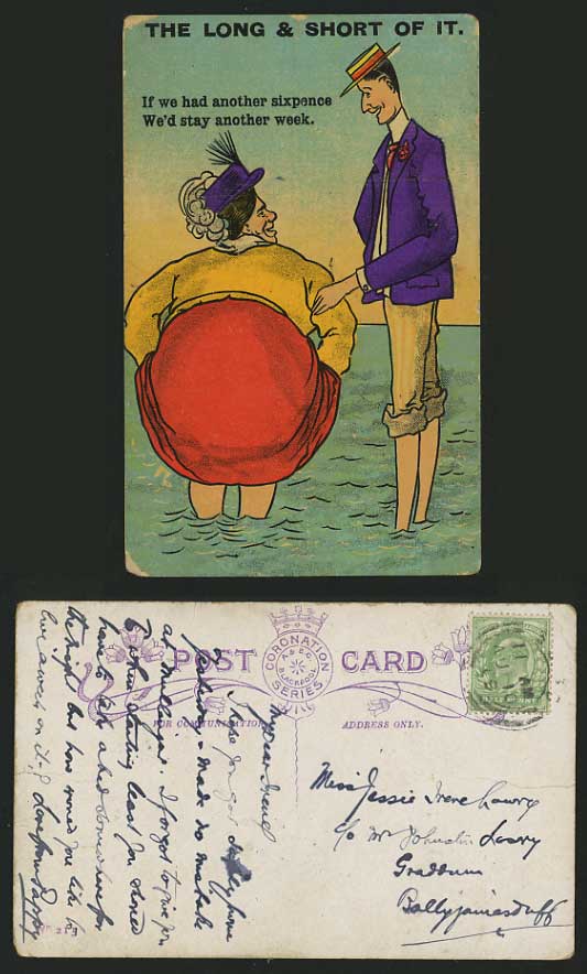 Comic Humour 1909 Old Postcard THE LONG AND SHORT OF IT
