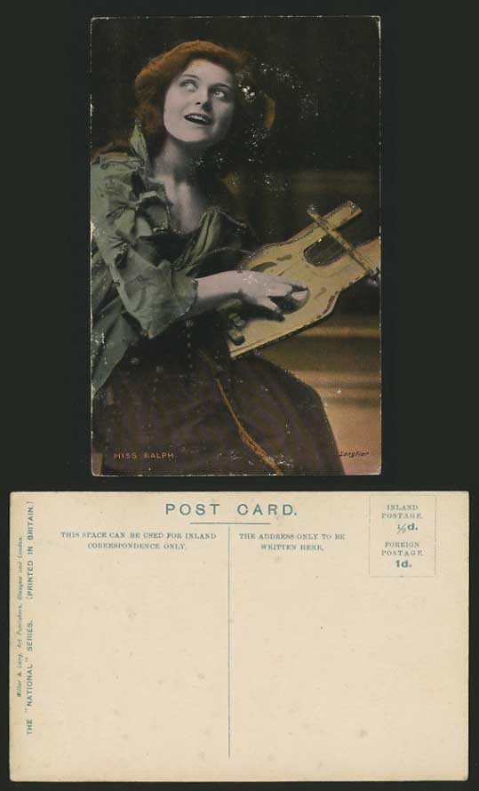 Actress MISS RALPH & Musical Instrument Old Postcard