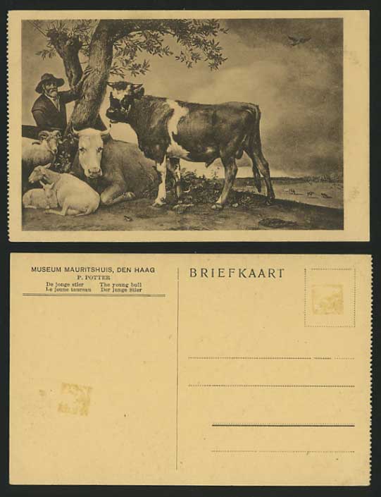 Artist Drawn Old Postcard YOUNG BULL Lamb Cow & Farmer
