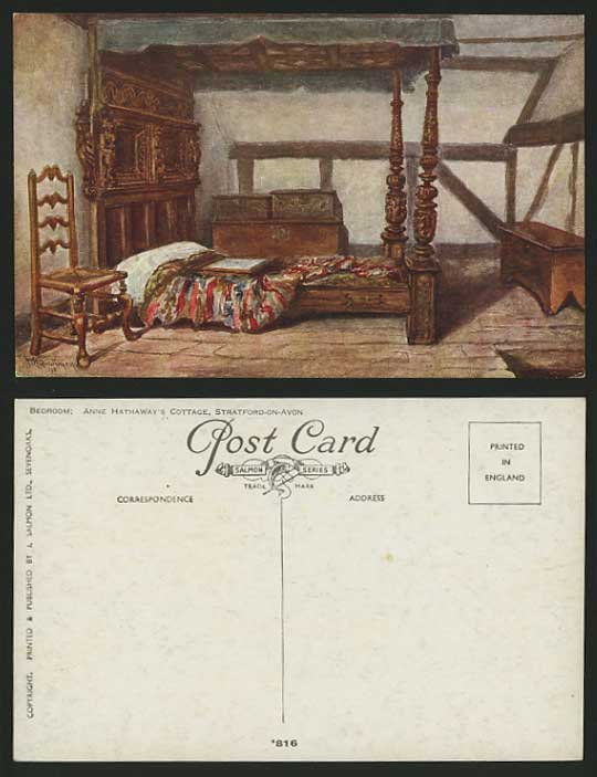Artist Signed 1911 Old Postcard - ANNE HATHAWAY Bedroom