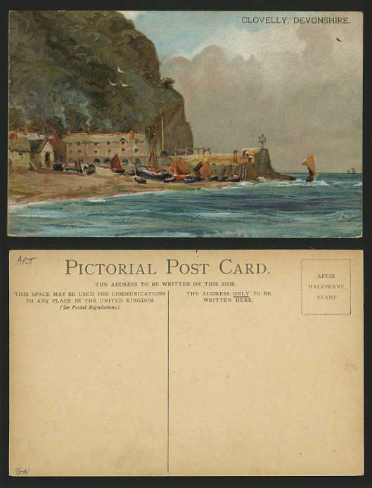 Devonshire Old Art Drawn Colour Postcard CLOVELLY Boats