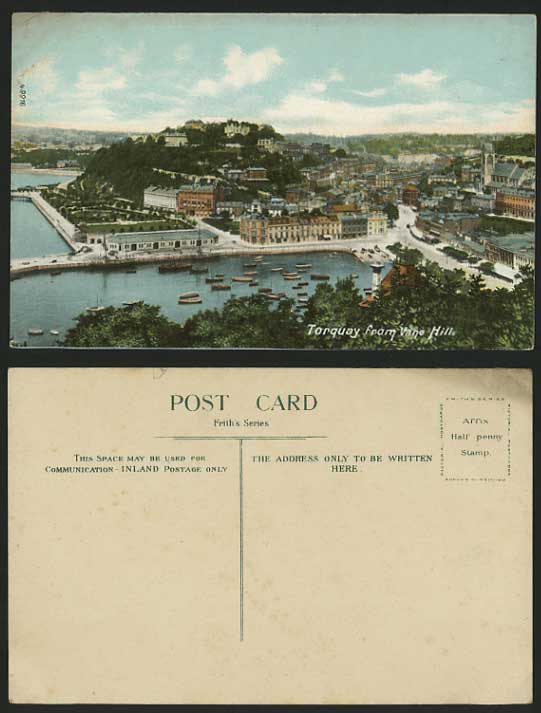 TORQUAY Old Colour Postcard Harbour Boat from Dane Hill