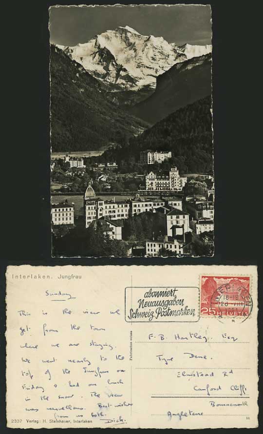 Switzerland 1951 Old R.P. Postcard INTERLAKEN Jungfrau