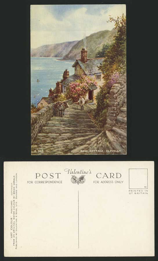 Devon Old Artist Signed Postcard CLOVELLY Rose Cottage