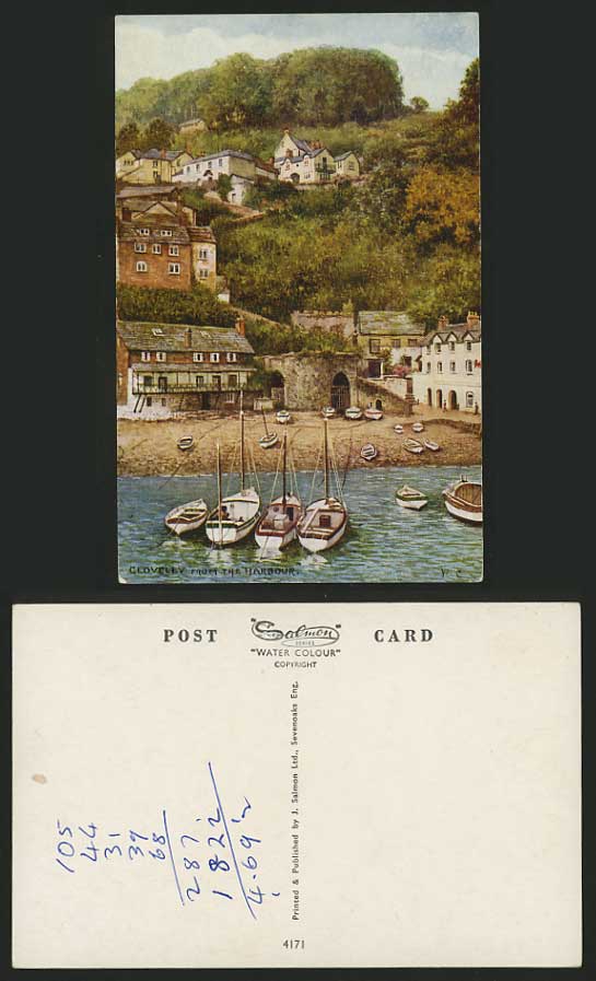 Devon Old Artist Signed Postcard CLOVELLY Harbour Boats