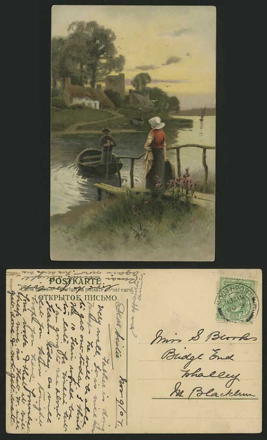 Artist Drawn 1907 Old Postcard Cottage River Boat Woman
