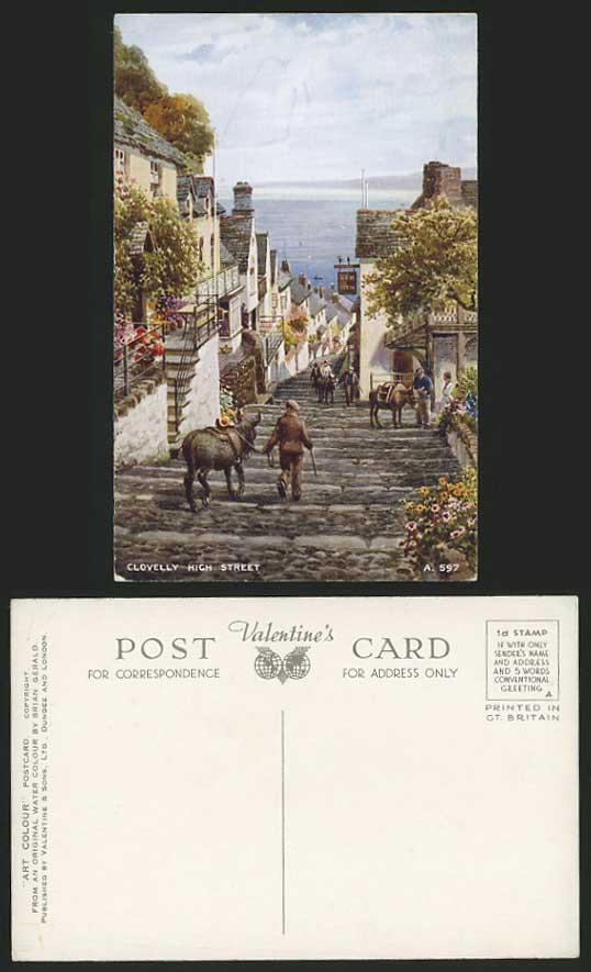 CLOVELLY High Street Old Art Drawn Postcard New Inn Sea