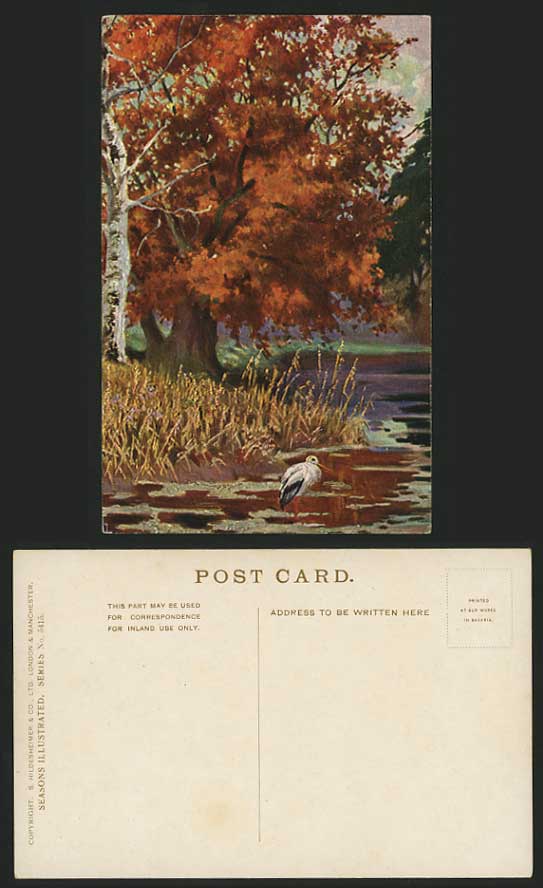 STORK Bird LAKE Autumn Old Artist Drawn Postcard Animal