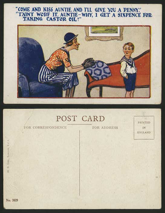 Comic Humour Old Postcard COME & KISS AUNTIE Castor OIL