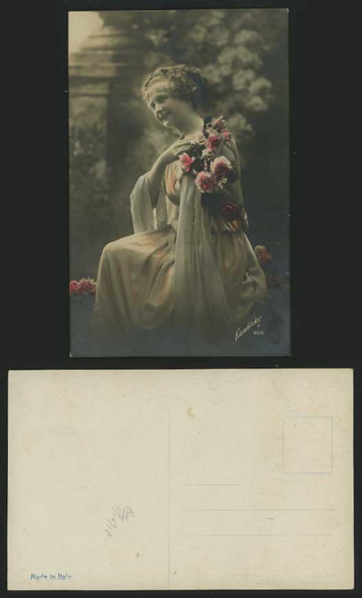 Lovely Glamour WOMAN & FLOWERS Old Hand Tinted Postcard