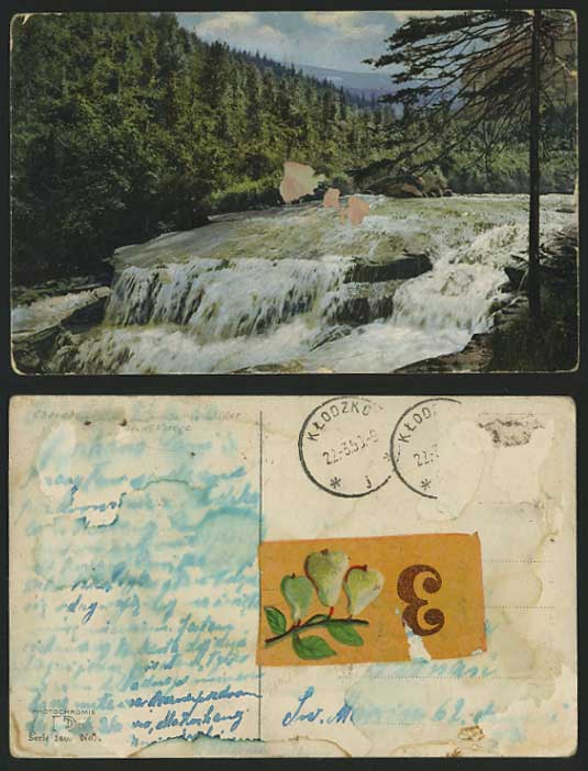 POLAND 1950 Old Colour Postcard WATERFALL Klodzko