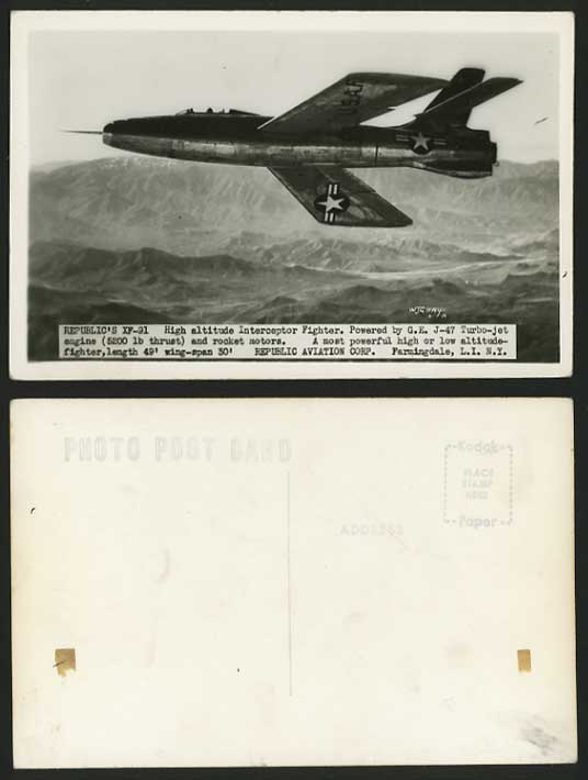 INTERCEPTOR FIGHTER XF-91 US AIR FORCE Old RP Postcard