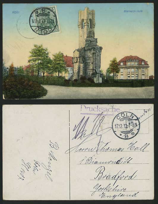 Germany 1912 Old Colour Postcard COLOGNE Bismarcksaeule