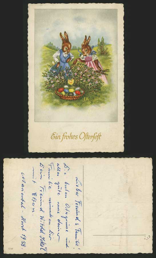 EASTER BUNNIES Rabbits 1958 E.K. Artist Signed Postcard