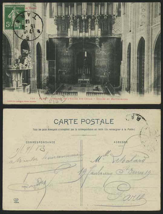 France 1913 Postcard ALBI Church Interior - PIPE ORGAN