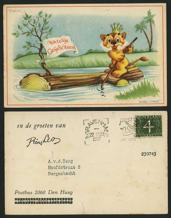 LION KING LOG KAREL LINKS Artist Signed 1958 Postcard