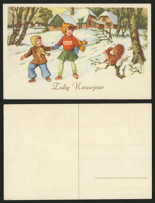 Squirrel & Children Artist Drawn Old Greeting Postcard