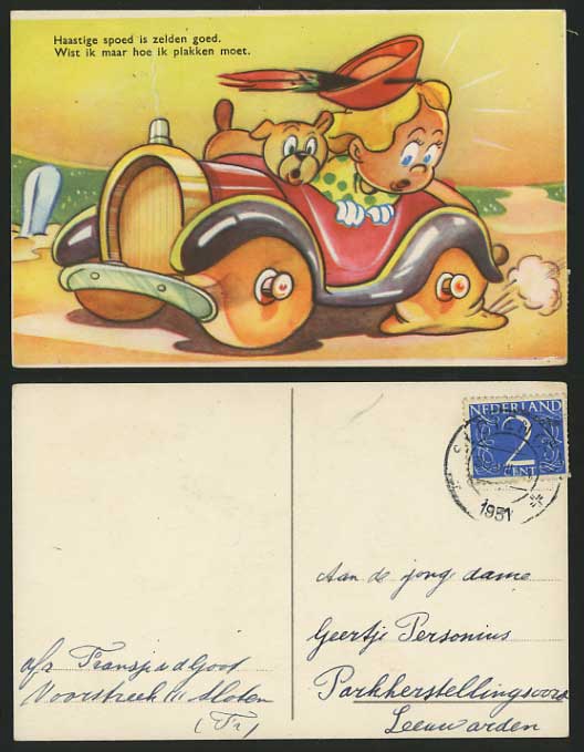 Motor Car Puncture DOG GIRL 1951 Old Comic Postcard ART