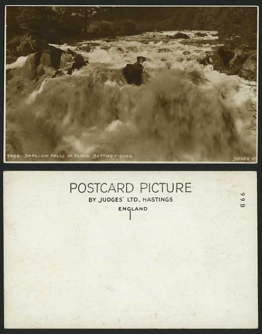 Betws-y-coed Old Judges Postcard SWALLOW FALLS in Flood
