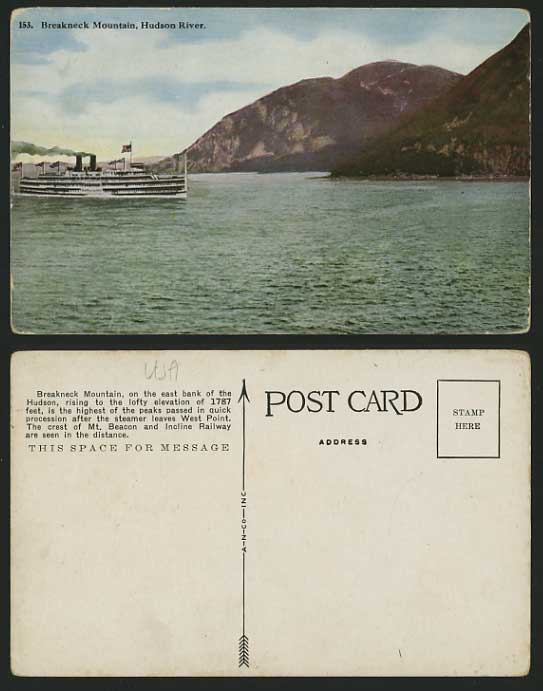 USA Old Postcard BREAKNECK MOUTAIN Hudson River STEAMER