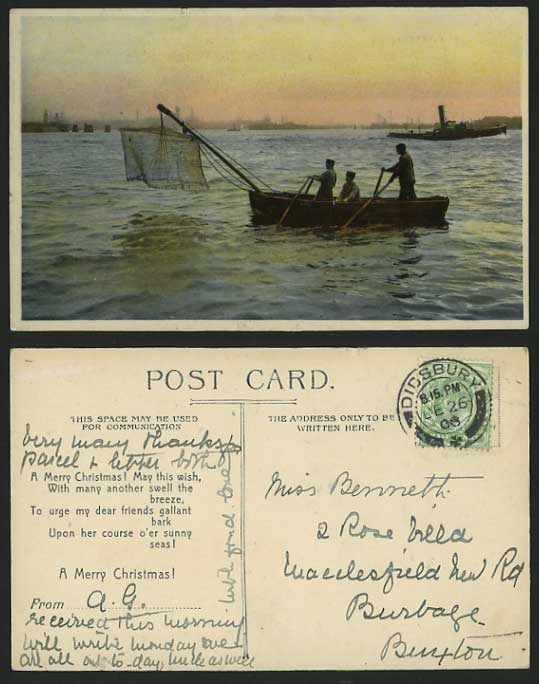 Christmas Greeting 1908 Postcard Fishermen FISHING BOAT