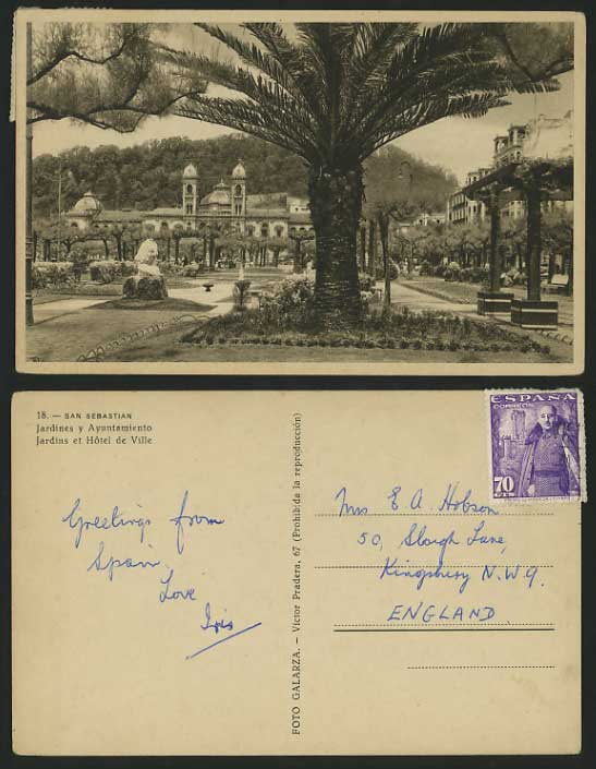 Spain Old Postcard SAN SEBASTIAN Jardines, Ayuntamiento