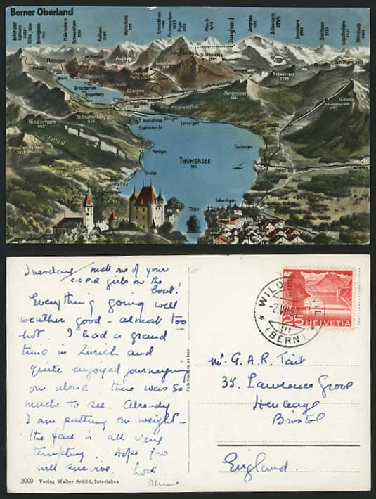 Switzerland Bernese Oberland 1957 MAP Postcard - FAULH