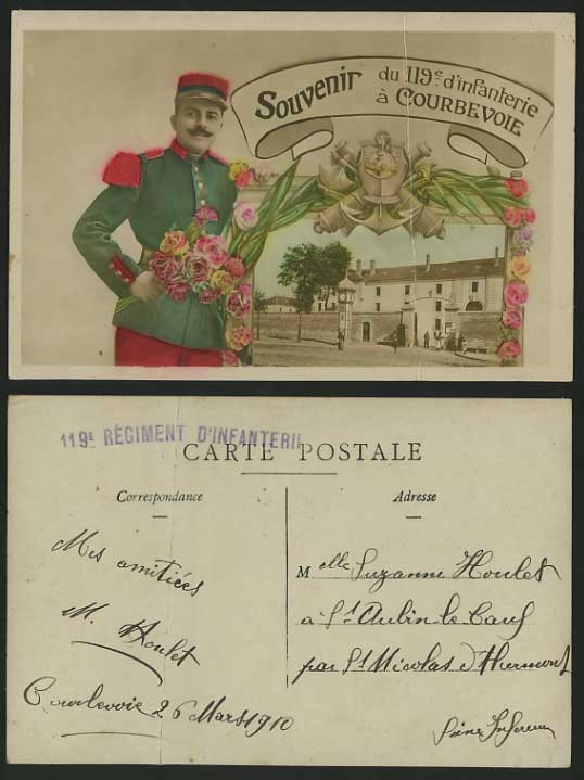 1910 Old Postcard SOLDIER FLOWERS 119 Regiment Infantry