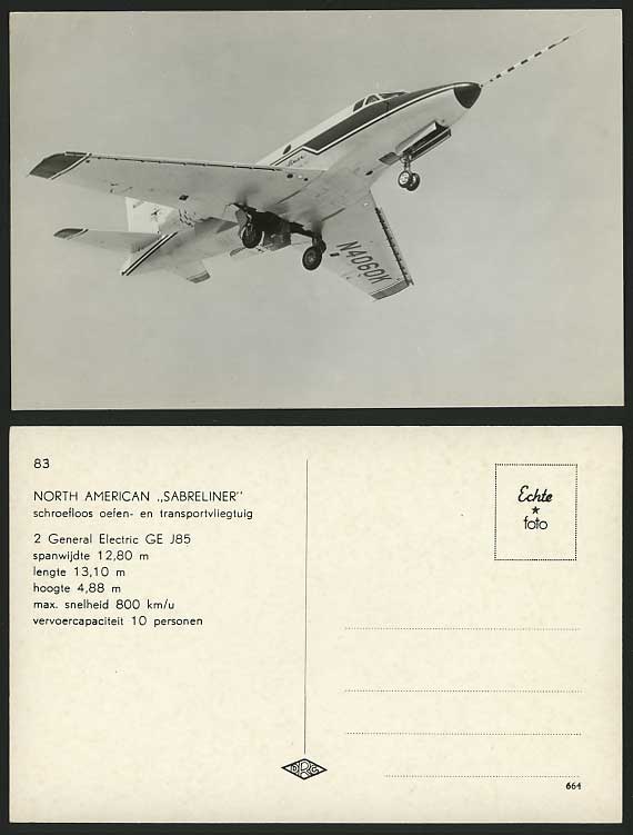 AIRPLANE Old Dutch Postcard - NORTH AMERICAN SABRELINER