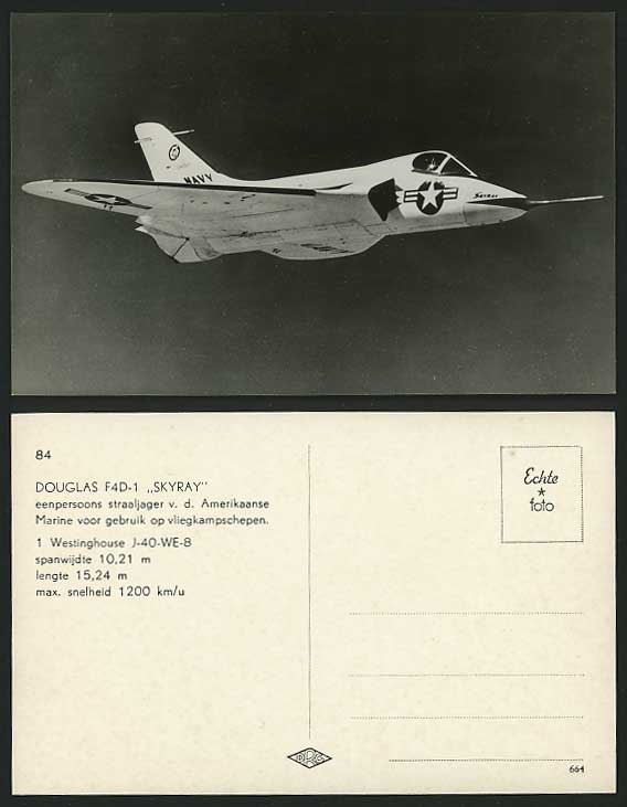 AIRPLANE Old Postcard DOUGLAS F4D-1 NAVY MARINE SKYRAY