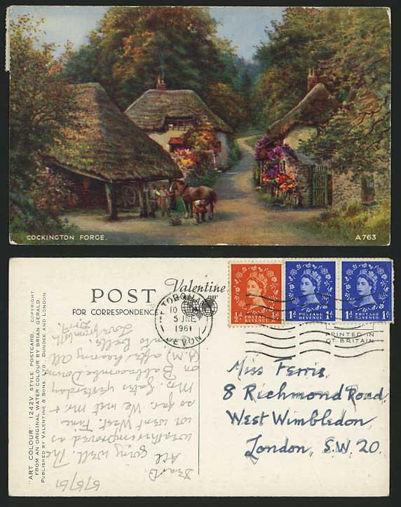 Art Drawn 1961 Postcard COCKINGTON FORGE Thatched House