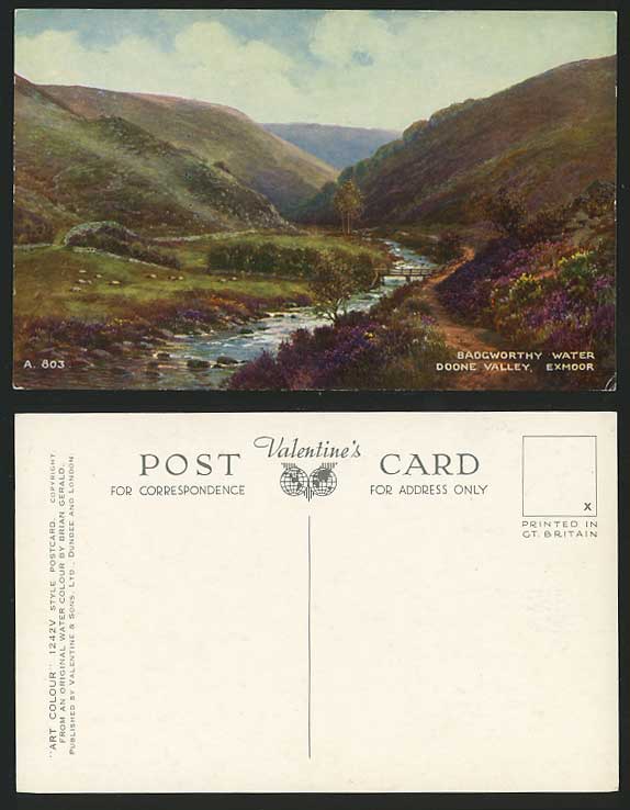 EXMOOR Old ART Postcard - Doone Valley Badgworthy Water