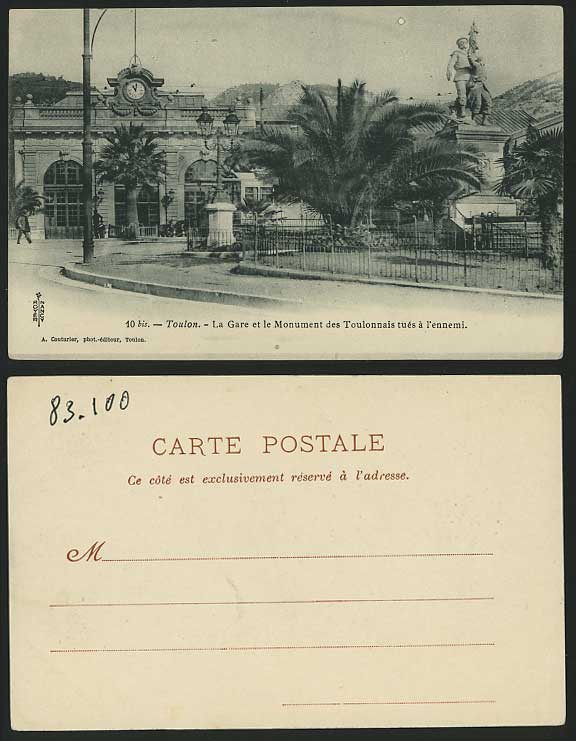 France Old Postcard TOULON Statue Railway Train Station