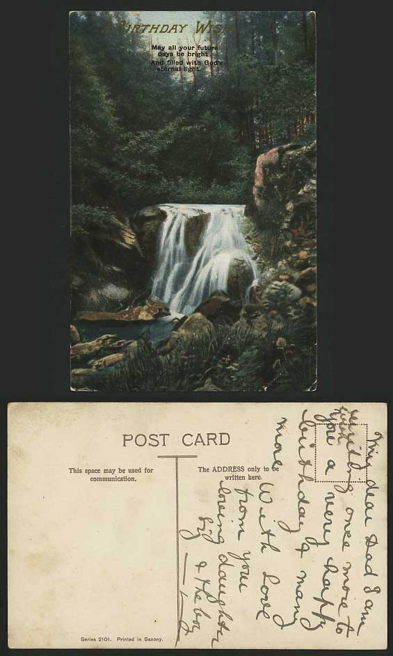 Greetings Old Colour Postcard BIRTHDAY WISH Waterfall
