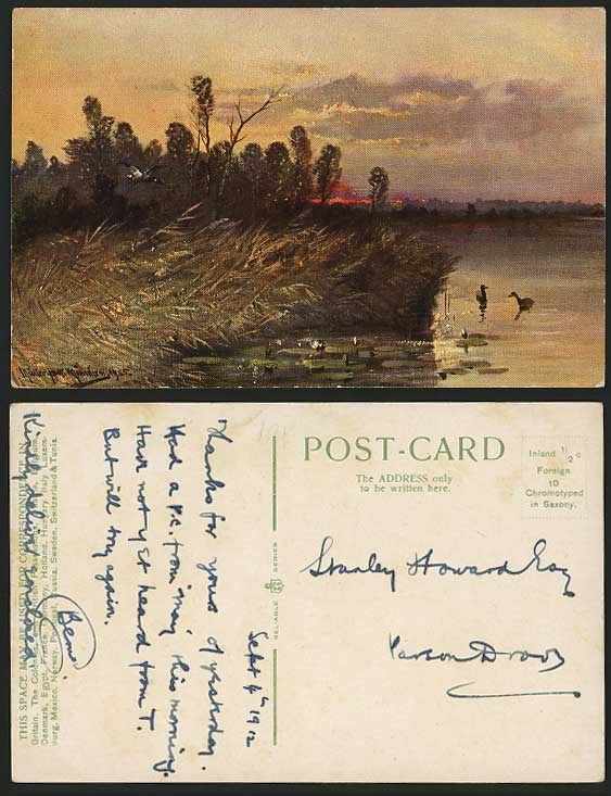 Artist Signed 1945 Old Postcard SUNSET Birds Water Lily