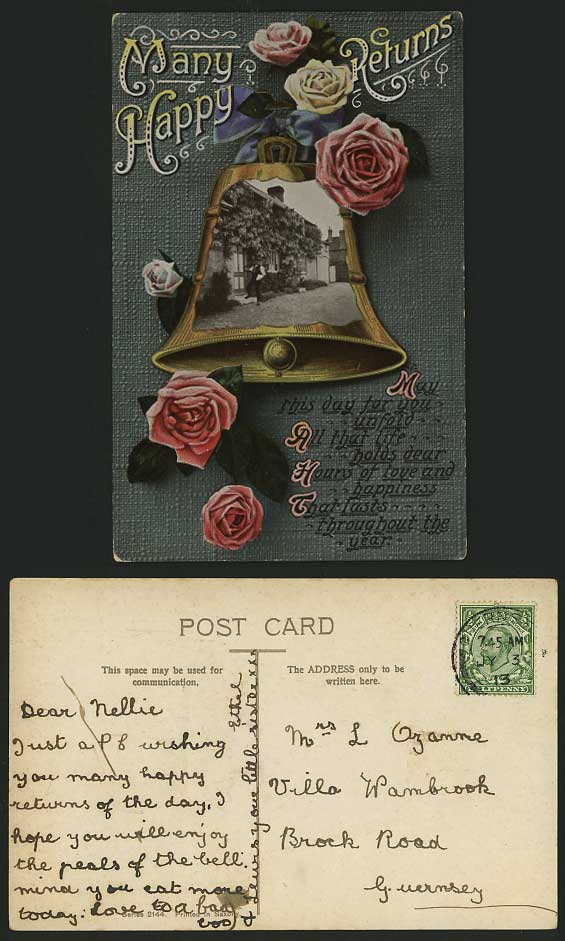Flowers 1913 Old Greetings Postcard ROSES Happy Returns