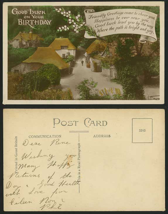 BIRTHDAY Greeting Old Colour Postcard Thatched Cottages