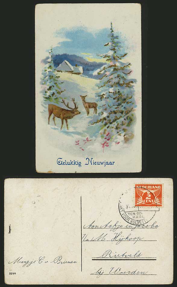 DEER Stag Old Postcard HAPPY NEW YEAR Snowy Landscape