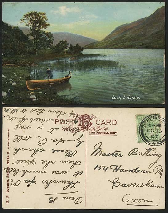 Stirlingshire 1907 Old Color Postcard LOCH LUBNAIG Boat