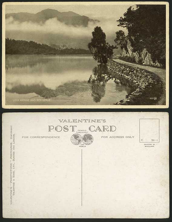 Stirlingshire Old B/W Postcard LOCH KATRINE & BEN VENUE