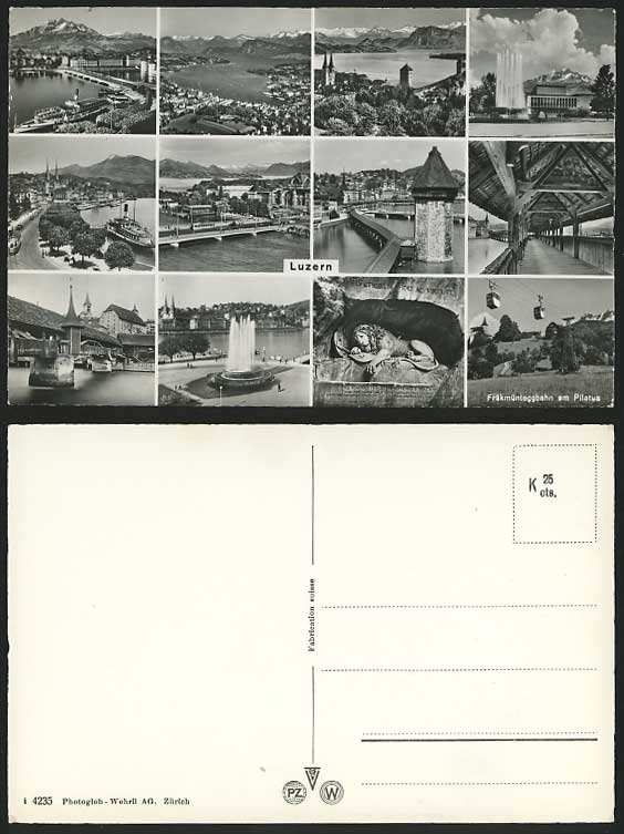 Swiss Old Multiview Postcard LUCERNE Ships Pilatus etc