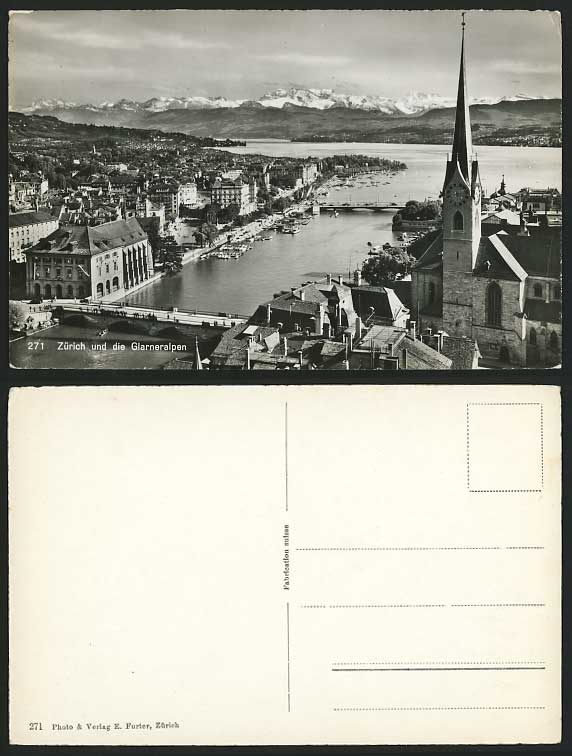 Swiss Old Postcard ZUERICH Bridge Glarneralpen Panorama