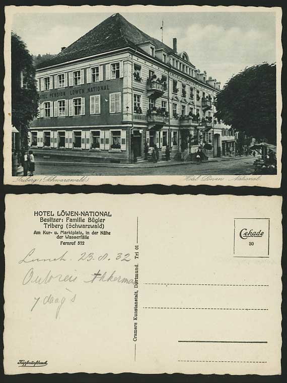Germany 1932 Old Postcard TRIBERG Hotel Loewen-National