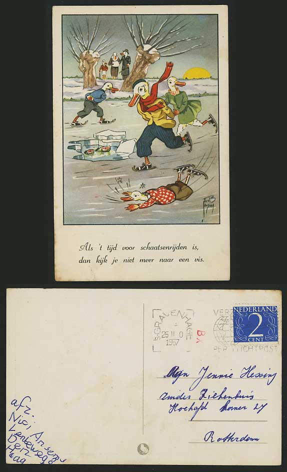 ICE SKATING DUCKS Fish Artist Signed 1957 Old Postcard