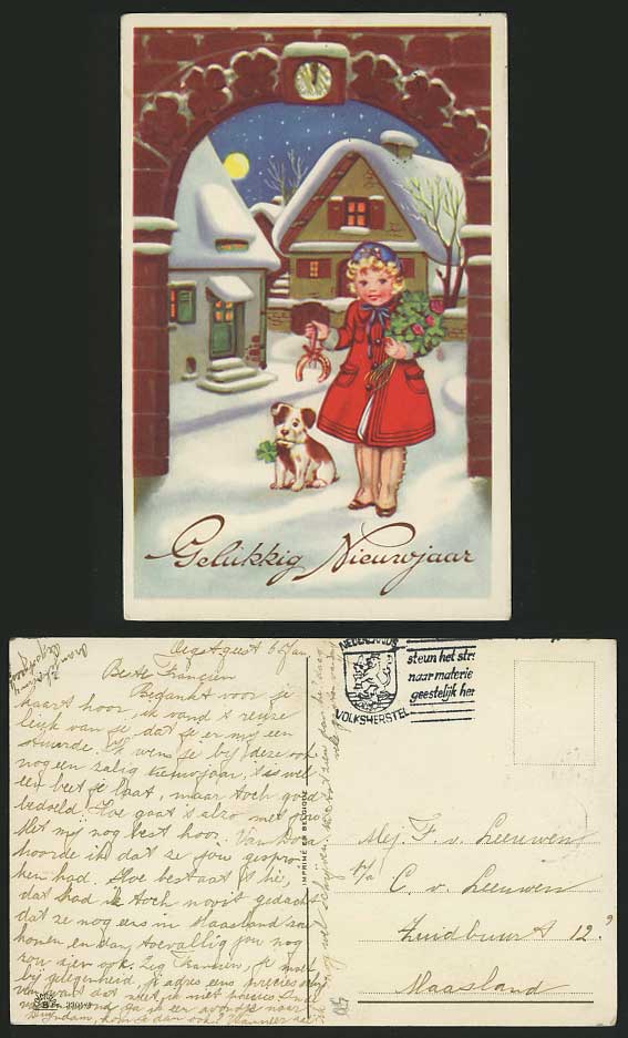 HAPPY NEW YEAR Dog & Girl SNOWY LANDSCAPE Old Postcard