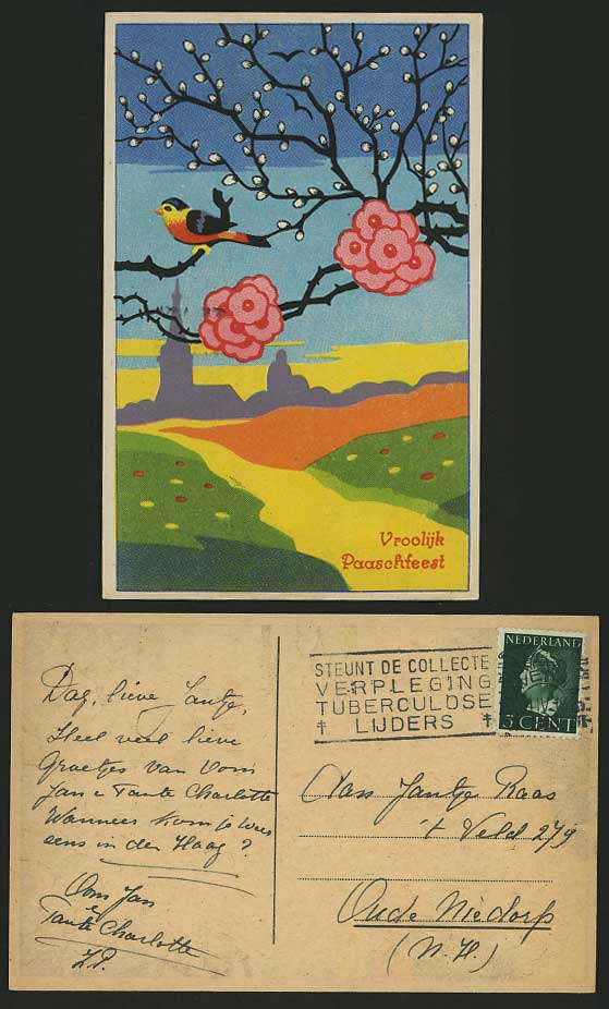 Artist Drawn 1946 Postcard EASTER GREETINGS Bird Flower