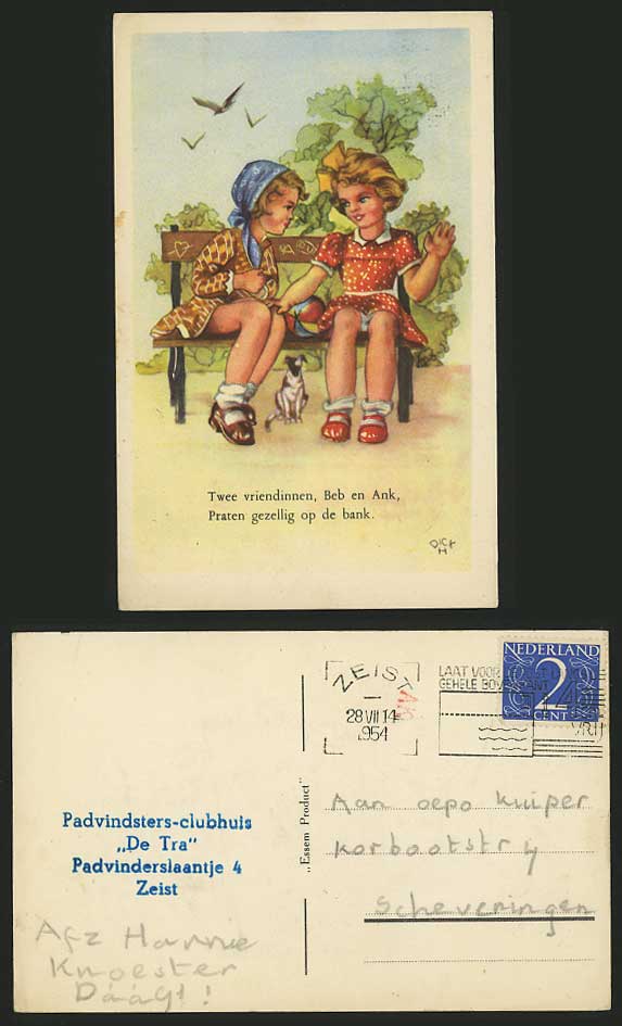 Artist Drawn 1954 Old Postcard CUTE GIRLS & DOG Birds