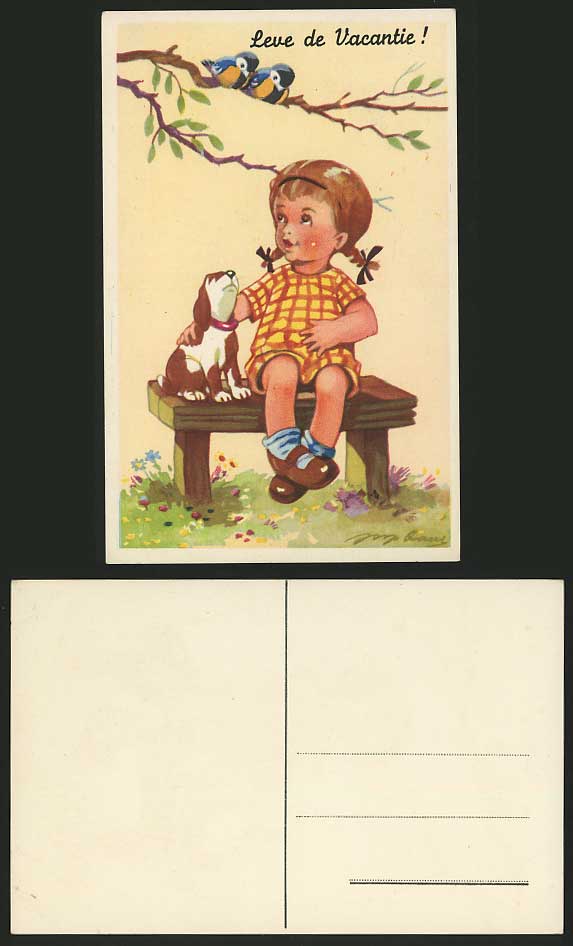 Little GIRL Dog Birds Artist Signed Comic Old Postcard