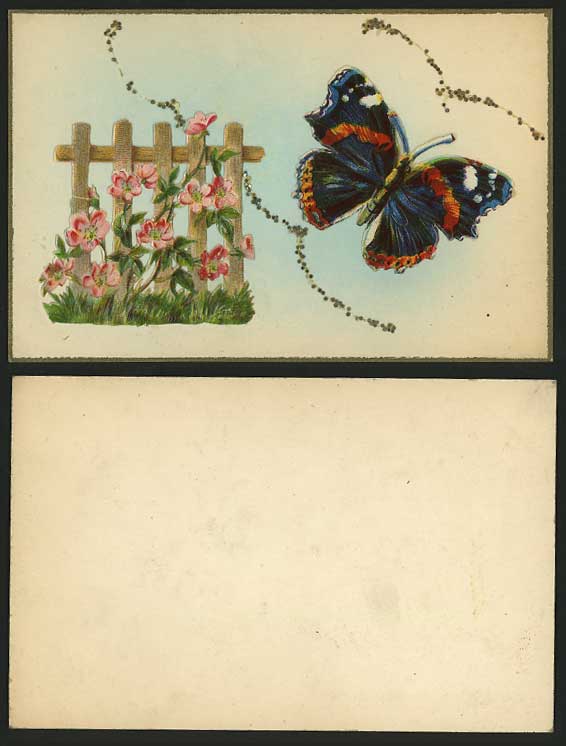 BUTTERFLY FLOWER Fence & Glitters Old Embossed Postcard