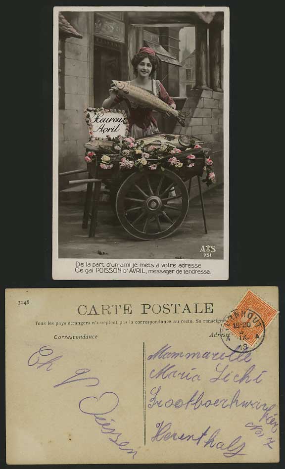 BEAUTIFUL FISH LADY & Flower Cart 1913 Old RP Postcard